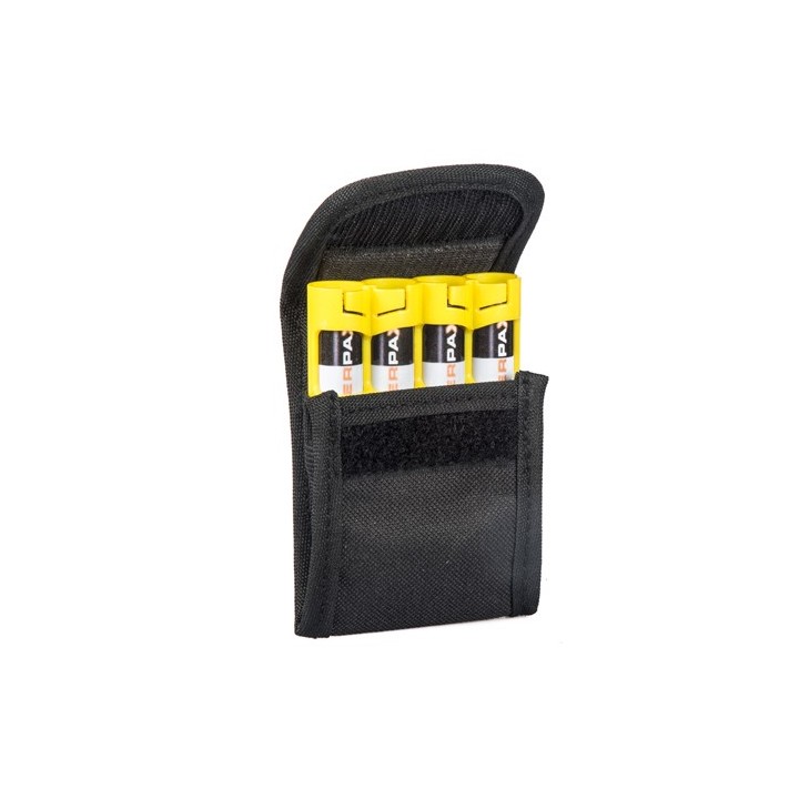 Storacell Powerpax Pouch view of open pouch showing Velcro closure and  containing a Storacell Slimline AA battery caddy