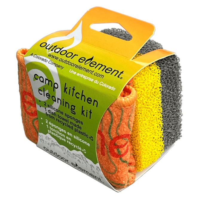 Outdoor Element Camp Kitchen Cleaning Set in package at an angle