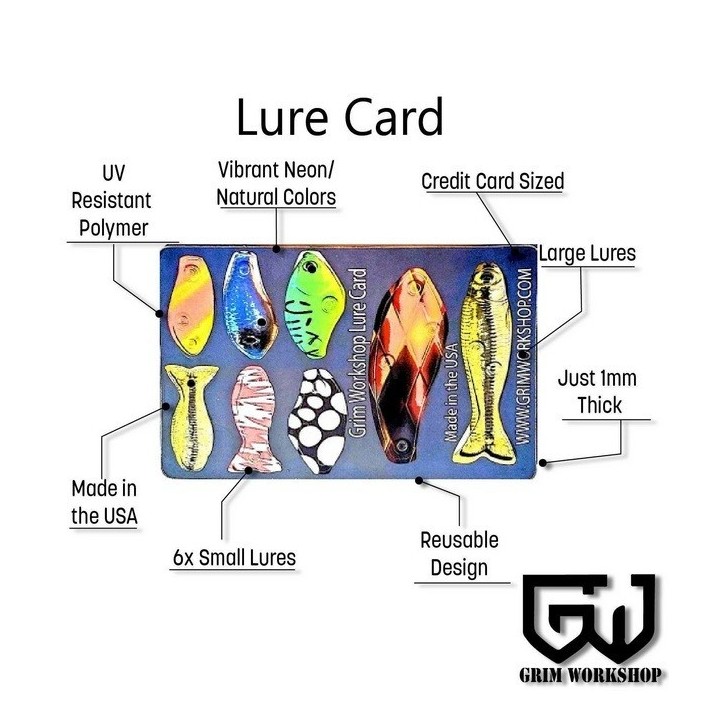 Grim Workshop - Fishing Lure Card - Fishing Credit Card sized Tool with Ultralight Lure Set lightweight reusable