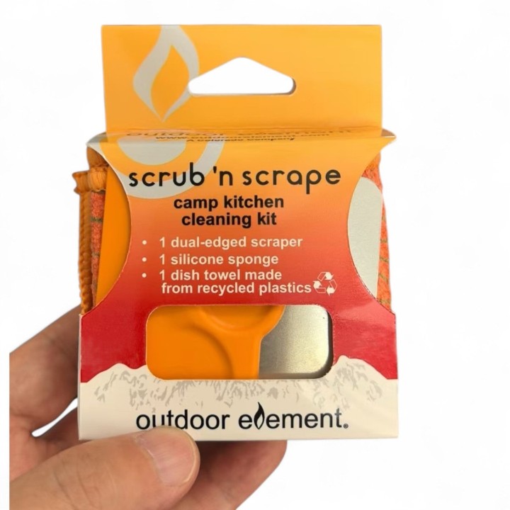 Outdoor Element scrub n scrape camp kitchen cleaning kit in hand