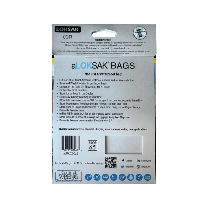 aLOKSAK Waterproof Bag 2 x aLOK2-6x6 back of packaging